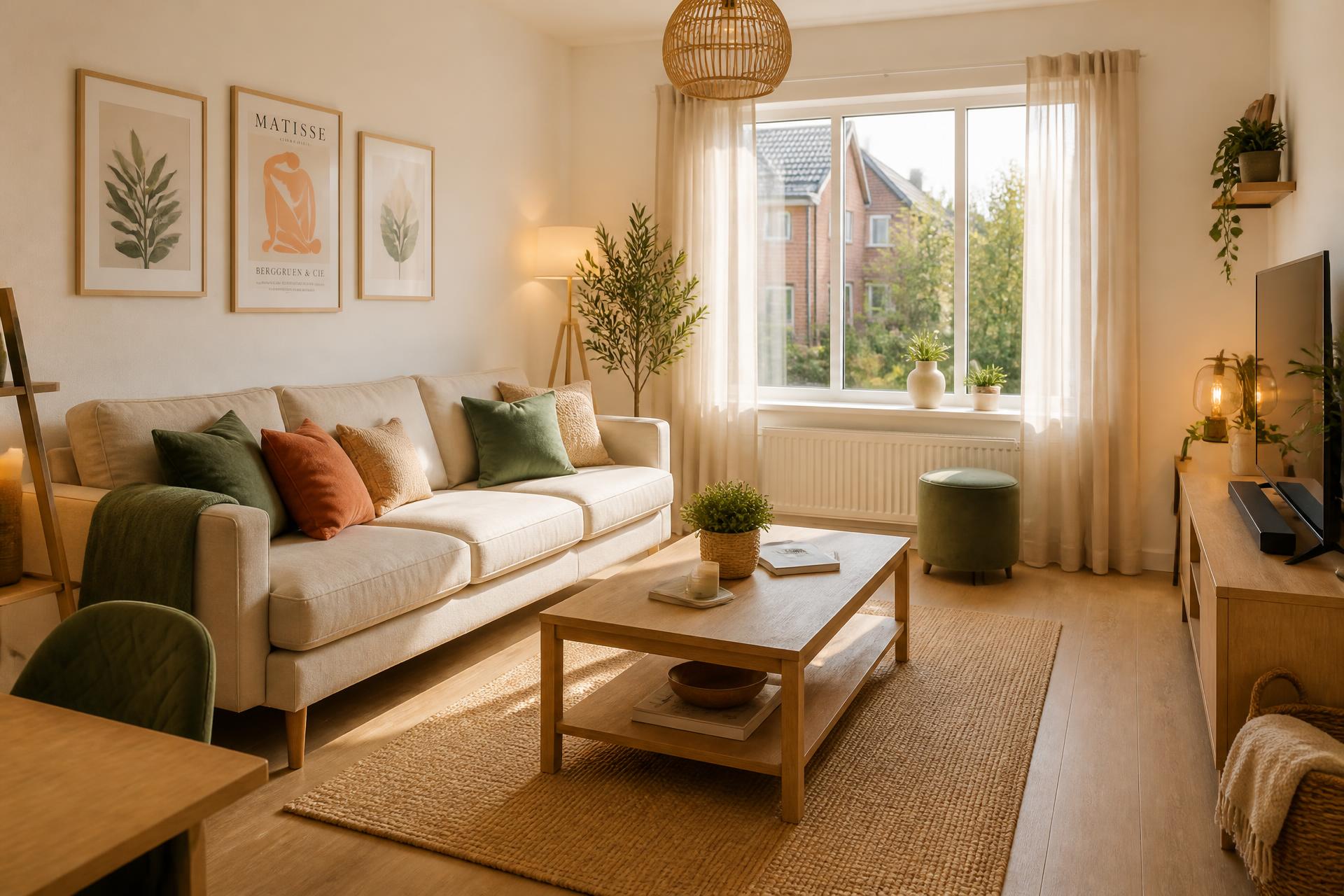 Warm, sunlit modern UK living room in a professionally managed serviced accommodation property
